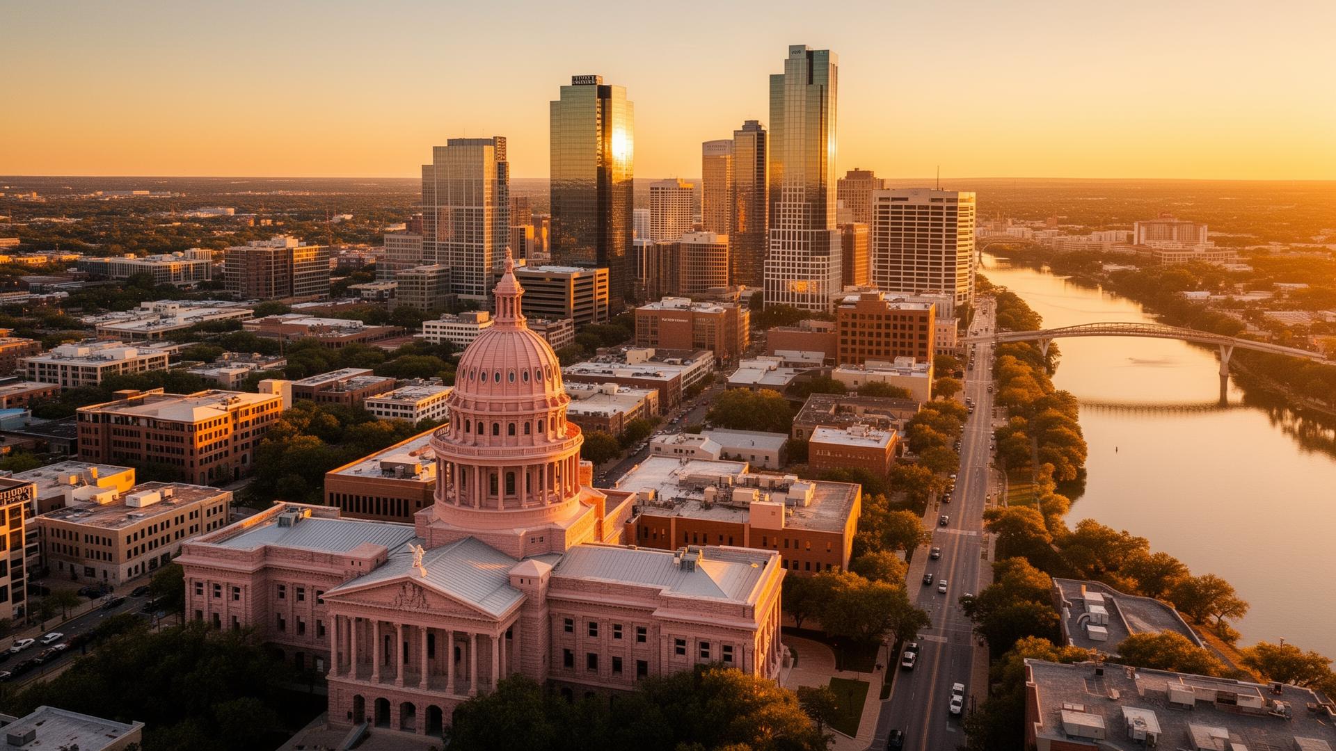 Downtown Austin, Texas skyline with the State Capitol at golden hour