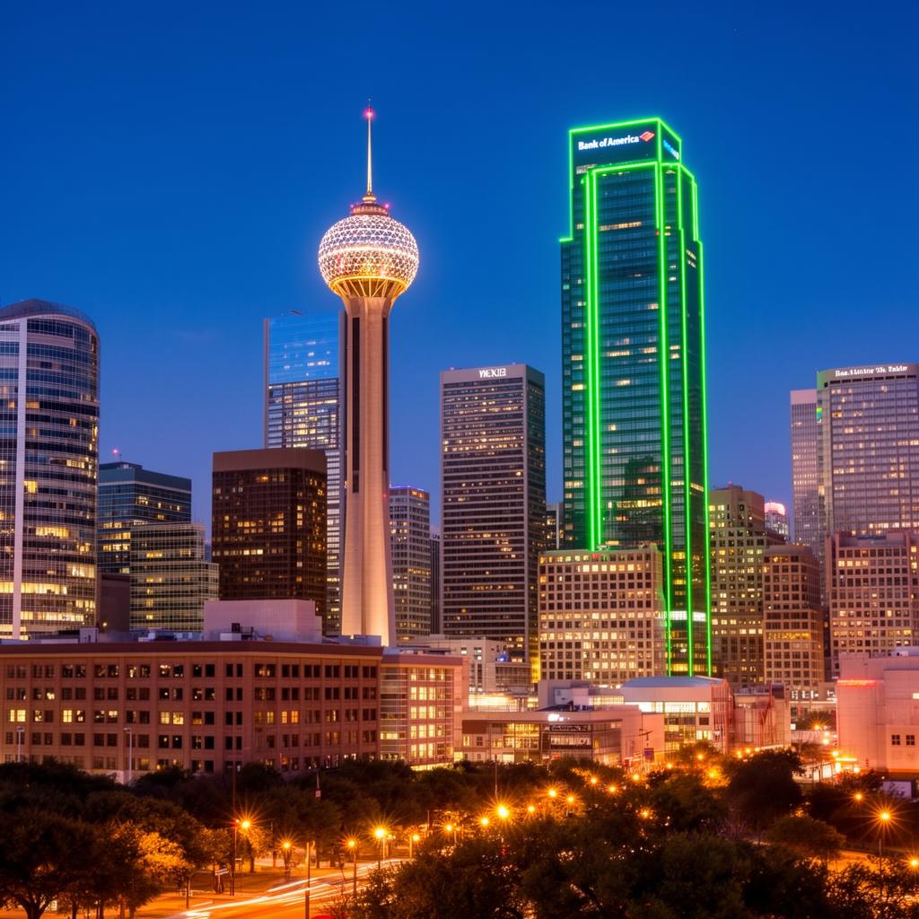 Downtown Dallas skyline at blue hour with Reunion Tower