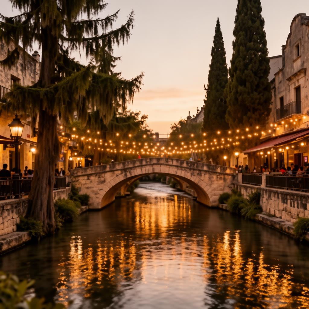 San Antonio River Walk at dusk with string lights